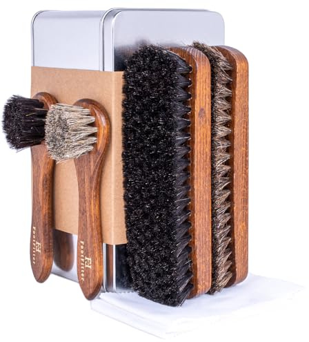 FootFitter Essential Horsehair Shoe Shine Brush Set, Shoe Care Kit with Shoe Shine Brushes & Cloths for Polishing Leather Footwear (Made in Germany)