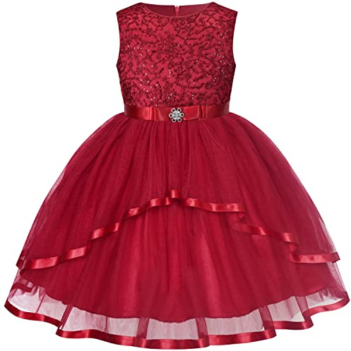 Sunny Fashion Robe Fille Fleur Sombre Rouge Paillettes Demoiselle d'honneur Mariage Partie 6 Ans