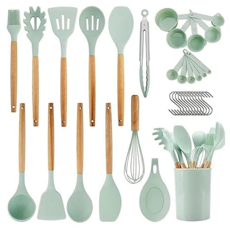 AHASON'S 33-delars köksredskapsset med hållare – mintgröna köksredskap i silikon med trähandtag, non-stick och värmebeständiga köksverktyg för bakning, stekning och hemmatlagning