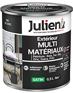Julien Peinture Multi-Matériaux Satin en phase Aqueuse - Bois, Fer, Alu, PVC, Zinc, Acier galvanisé, brut ou peint - Noir 0,5 L