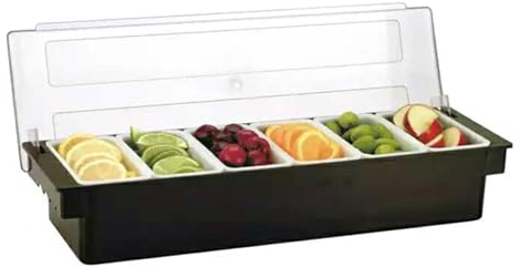 SAUADY Recipiente para ingredientes de acero inoxidable, 6 compartimentos, para limones, frutas, aceitunas y cócteles, color negro, con tapa transparente con bisagra, 50 x 15 x 10 cm