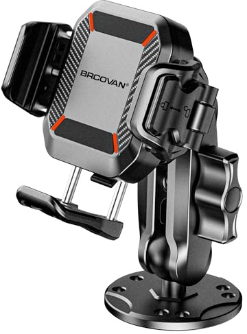 BRCOVAN Anti-Theft Phone Mount Holder with Vibration Dampener [Camera Friendly] [1s Lock & Release] with Aluminum Round Base & Medium Arm, for Car Boat Truck Motorcycle UTV, Fit 5.4-7.2'' Smartphones
