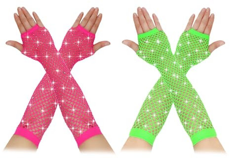 Netzhandschuhe Neon, 2 Paare Lange Netz Handschuhe Cosplay Strass Fingerlose Netzhandschuhe Sparkly Glitter Lange Netzhandschuhe Damen Handstulpen Netz für 80er Jahre Party Fancy Kleid Kostümzubehör