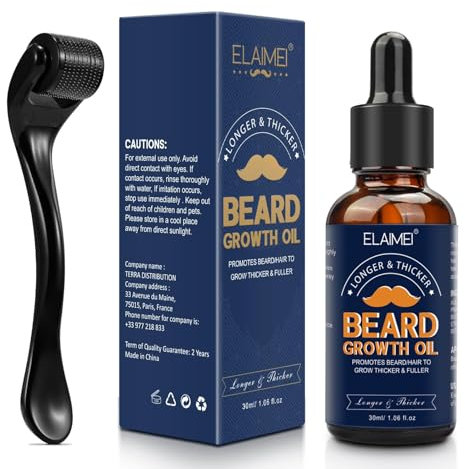 Olio per la crescita della barba con biotina e caffeina, rullo per la crescita della barba da uomo, rullo per barba da 0,25 mm, favorisce la ricrescita dei capelli, stimola la crescita della barba