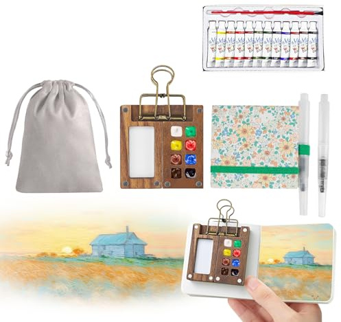7Pcs Portable Watercolor Palette - 8 Grids Travel Watercolour Paint Set, Portable Travel Painting Set, Lid Foldable Wooden Palette, Sketchbook Brush Watercolour for Painting Lovers, Home, Office