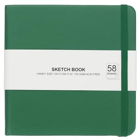PATIKIL 12,7 x 12,7 cm inbunden läderficka skissbok, 58 ark 150 GSM/46 kg tom anteckningsbok resedagbok skissblock för att skriva ritning målning affärer nybörjarkonstnär, mörkgrön