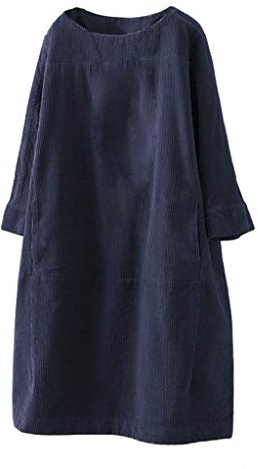 Dresses for Women UK Women Vintage Pockets Corduroy Solid Color Long Sleeve Loose Casual Dress Knitted Dresses for Women UK (Navy, XXL)