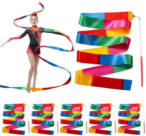 KeyQueen 6 Pezzi 2M Nastri da Ballo, Nastro per Ginnastica Ritmica con Bacchetta a Nastro Nastri da Danza Bambini Bambina per Ginnastica Artistica Balli artistici Talentshow Spettacoli di Carnevale