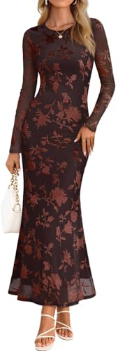 MEROKEETY Women's 2026 Spring Wedding Guest Maxi Dress Long Sleeve Bodycon Floral Mesh Fall Cocktail Formal Party Dresses, Brown, Large