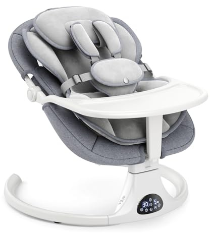 Baby Swing para bebés a niños pequeños con bandeja, mosquetín de 5 puntos de 3 asientos de 5 velocidades, Swing recién nacido eléctrico con Blueteeth Music 10 melodías preestablecidas (gris)