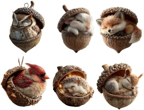 6 Pezzi di Ornamenti A Forma di Ghianda A Forma di Animale della Foresta, Decorazione Natalizia A Forma di Pigna 2026, Accoglienti Ornamenti Natalizi A Forma di Foresta