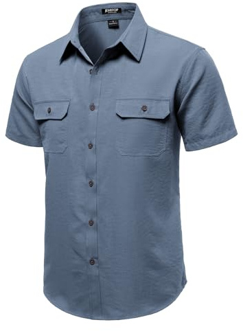 JEMITOP Men's Casual Stretch Regular Fit Shirt Button Down Short Sleeve Vintage Work Shirts with Two Pockets for Camp Vacation Dusty Blue L