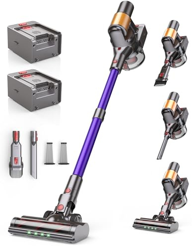 Snowkuna Cordless Vacuum Cleaner, 2 Batteries 120 Mins Runtime, 600W 50KPA Stick Vacuum with Self-Standing, Tangle-Free Brush, Vacuum Cleaners for Home Hardwood Floor, Carpet, Pet Hair