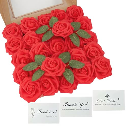 Feegela 25 Rose Rosse Artificiali in Scatola Regalo con Biglietti d'Auguri e Profumazioni, Rose Finte in Schiuma PE, Fiori Finti per Festa della Mamma, San Valentino, Mazzo di Rose per Matrimonio