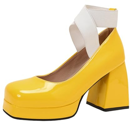 Pumps Women Ladies Block Heel Thick Sole Round Toe Leather Plain Elastic Strap Flat Shaft Peep Toe Pumps, yellow, 8 UK