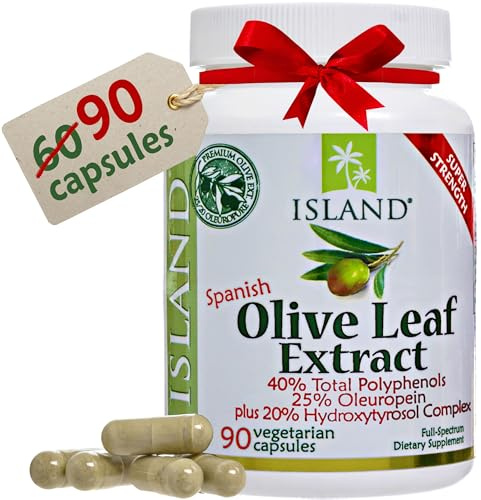 Island Nutrition, Olive Leaf Extract Capsules – 25% Oleuropein (40% Total Polyphenols), Plus 20% Hydroxytyrosol Complex – 100% Grown & Extracted in Spain (90 Capsules)