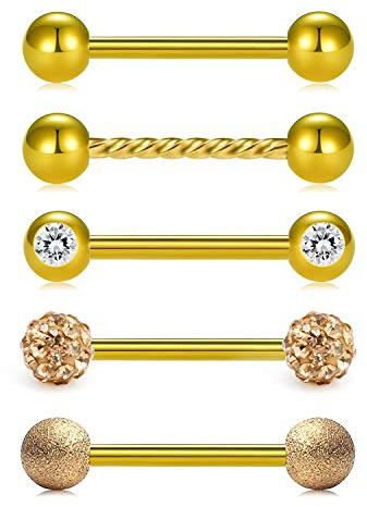 FECTAS 5stk Zungenpiercing Barbell Brustwarzenpiercing Bar Set Chirurgenstahl 14 Gauge 14mm Stablänge Piercing Schmuck