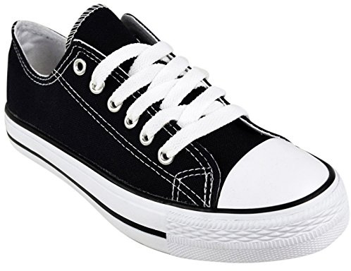 SHOPONLINE 192 Women's Canvas Lace-Up Plimsoll Flat Gym Sports Trainers Lightweight Shoes (7 UK, Black)
