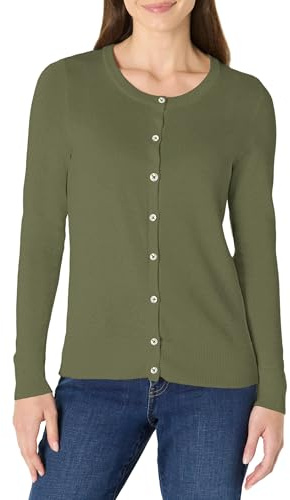 Amazon Essentials Women's Lightweight Crewneck Cardigan Jumper (Available in Plus Size), Olive, M