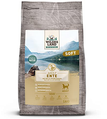 Wildes Land - Halbfeuchtes Trockenfutter für Hunde - Ente - 5 kg - Soft mit Reis und Wildkräutern - Glutenfrei - Extra viel Fleisch - Für alle Hunderassen - Beste Akzeptanz