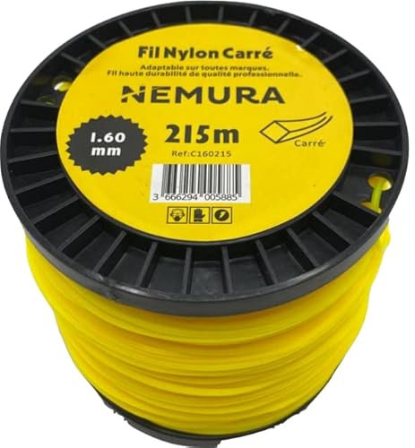 Nemura Fil Débroussailleuse Carré Ø: 1,60mm, L: 215m - Compatible avec d'autres Marques - Haute durabilité - Qualité Professionnelle - Marque Française