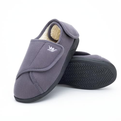 Happy Touch Women's Slipper, Grey/White, Size 8, Diabetic Shoes for Swollen Feet, Indoor-Outdoor, Memory Foam Insole, Adjustable Velcro Closure