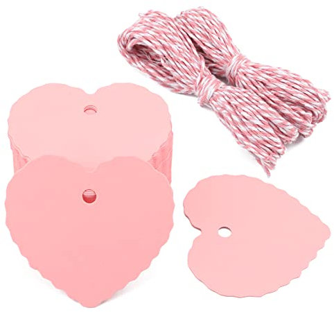 G2PLUS Heart Shaped Paper Gift Tags, 100 PCS Blank Favors Labels, 5.5x6 CM Paper Hang Tags with String for Wedding Party Supplies