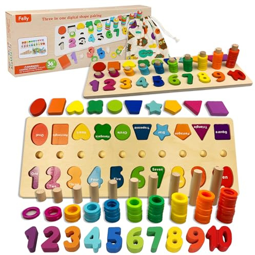 Felly Juguetes Montessori Niños, 2 in 1 Juego Educativos Juguetes de Madera Bebe Tablero de Conteo Números Apilamiento Clasificación Matemática Aprendizaje, Regalo de cumpleaños Navidad 3+ años