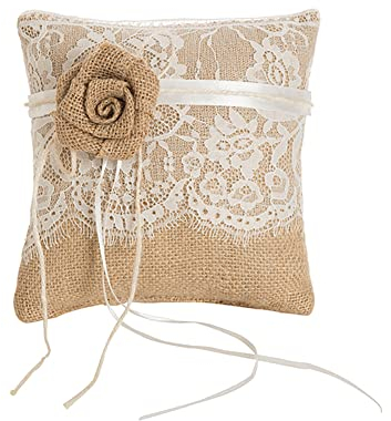 Vintage Hochzeit Ring Kissen,Jute Heirat Paar Ring Halter Spitze Blumen Ehering Kissen mit Krawatte Satinband Sackleinen Eheringe Brautkissen Hochzeit Accessoires für Zeremonie Strandhochzeitsfeier