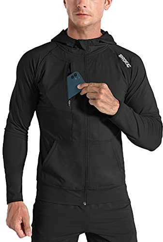 BROKIG Leichte Hoodie Herren,Schnelltrocknende Laufjacke Atmungsaktives Kapuzenpullover Trainingsjacke mit Reißverschluss(Schwarz,M)