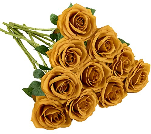 IUKnot Artificial Rose 10pcs Open Flower Bouquet Faux Rose Stems for Wedding Arrangement, Bridal Bouquet, Centerpiece, Fake Faux Silk Flowers (Mustard Yellow)