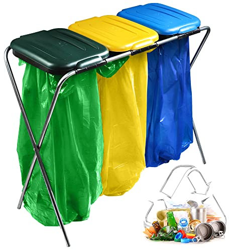 KADAX Tripla porta sacchi della spazzatura, supporto per spazzatura con coperchio in plastica, per sacchetti da 120 l (verde-giallo-blu)