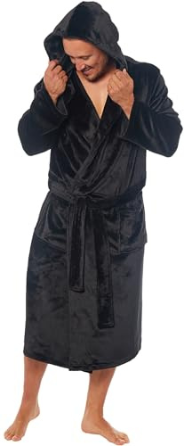 MICHAEL PAUL Dressing Gowns for Men | Super Soft Luxury Hooded Dressing Gown | Men's Warm and Cozy Fleece Nightwear Robe | Gifts for Men M BLACK