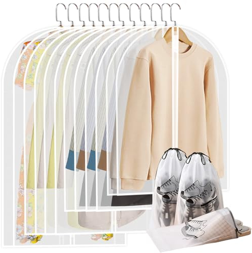 Kleidersack, 12 Stück Kleidersäcke Anzug mit Reißverschluss, 60 x 80/100/120/140cm + 3 Schuhe Aufbewahrungstasche, Wasserdicht Staubschutz Kleiderschutz für Anzüge Kleider Sakkos Hemden Abendkleider