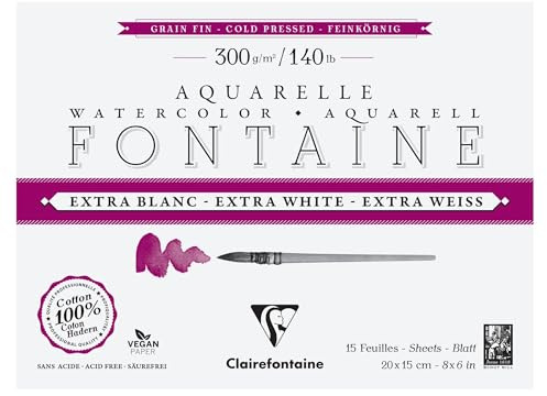 Clairefontaine 976038C Bloc Encollé 4 Côtés Fontaine Extra Blanc - 15 Feuilles Papier Aquarelle Extra Blanc 100% Coton Grain Fin - Qualité Professionnelle 20x15cm 300g