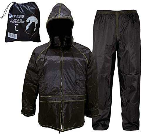 Auto Accessori Lupex - Traje de lluvia para moto, impermeable y cortaviento, con bolsa, color negro, conjunto de chubasquero y pantalón con capucha retráctil, unisex (4XL)