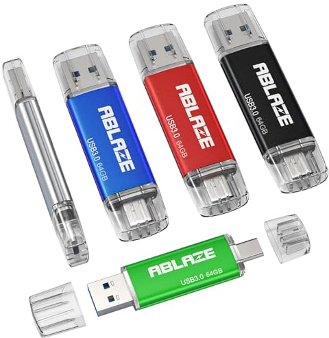 Memoria USB C 64GB 5 Piezas, ABLAZE Pendrive Tipo C 64 Gigas USB 3.0 Flash Drive OTG 2 en 1 para PC, Laptop, Tabletas, Smartphones (Multicolor 5, 64GB)