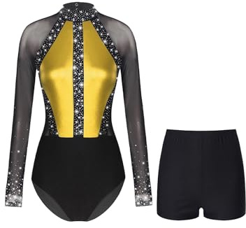 Alvivi Leotardo de Ballet para Mujer Maillot Gimnasia Rítmica de Manga Larga con Diamantes + Leggings Cortos Mono de Patinaje Traje de Baile S-XXL Dorado L