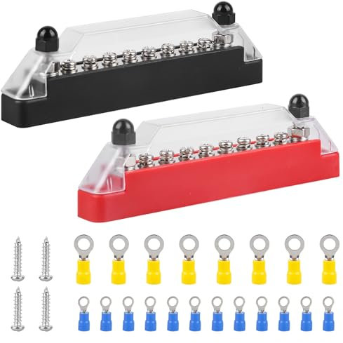 Lot de 2 barres de distribution - 150 A - 12 V-48 V CC - Avec couvercle - Borne à vis - Pour voiture, camion, bus, bateau, RV (boulons de raccordement M6 + boulons M4)