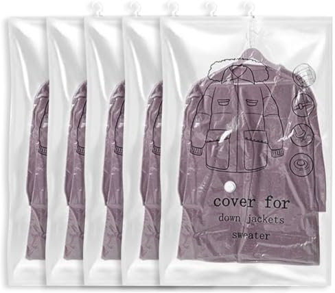 Frogetu 5 Piezas Bolsas de Almacenamiento al Vacío para Colgar,110X70 cm,Bolsa de Compresión con Gancho,Bolsas de Vacío Transparentes y Reutilizables para Ropa,para Trajes,Abrigos