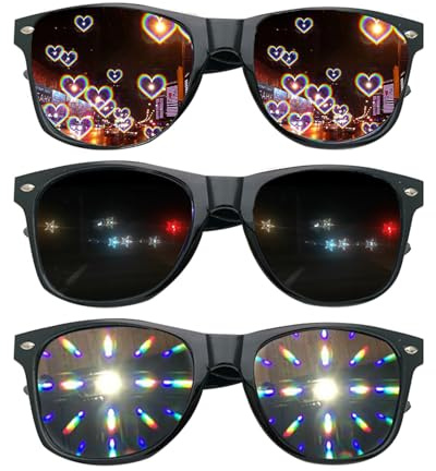 Weenwill Diffractions Party Brille,3 Stück 3D-Prisma,Herz-Stern-Feuerwerk-Effekt,Rave-Brille,Kaleidoskop-Brille,Party-Brille für Damen und Herren,für Partys,Clubs und Konzerte