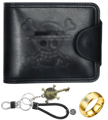 LbsAMP Portafoglio Anime Manga in Pelle con Portachiavi e Anello Oro Teschio Cosplay Portacarte Pieghevole con Scomparti Porta Carte di Credito Regalo per Fan di Anime Adolescenti Uomo - Nero