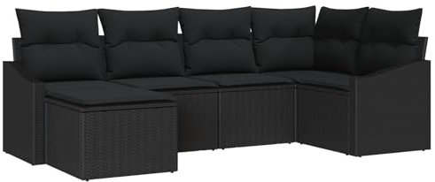 vidaXL Conjunto de Sofá de Jardín de 6 Piezas con Cojines Negros de Ratán Sintético Resistente al Clima. Muebles Modernos para Exteriores Que Acomodan a 5 Personas. Grupo de Asientos Modular para Pat