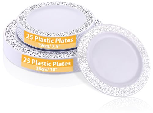 AKOLAFE 50 vita plasttallrikar med silverkant, 2 storlekar återanvändbara plasttallrikar 19 cm och 26 cm stabil plasttallrik återanvändbar platsplatta för bröllop, fest, födelsedagar, jul