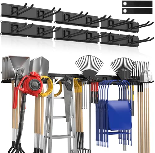 Housolution Organisateur d'Outils de Jardin Renforcé 96 Pouces-20 Pièces Supporte 720 lbs, Système de Rangement Garage, 6 Rails+12 Crochets Métalliques Réglables,pour Râteau/Balai/Planche de Snowboard