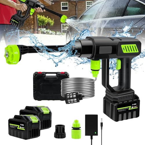 6 en 1 limpiador de alta presión inalámbrico, 21 V 980 PSI pistola de alta presión con batería, portátil con batería y cargador, limpiador Hydro Jet para coche, jardín, terraza (2 baterías)