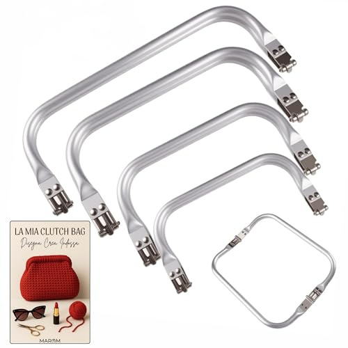 MAROM - Chiusura Borsa Uncinetto A Molla in Alluminio, 4 Manici per Borse Uncinetto Fai da Te 16cm, 18cm, 20cm e 22cm + EBOOK in Omaggio sulla Creazione della Tua Clutch Bag