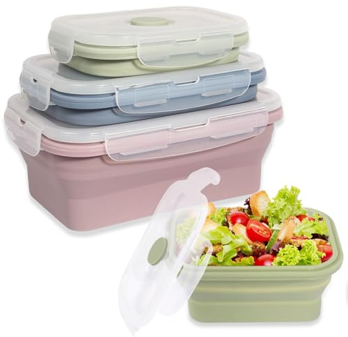 HFDONGL 3 Stück Faltbare Frischhaltedosen mit Deckel Silikon Faltbare Brotdose Set Silikon Frischhalteboxen Food Container Faltbare Lunchbox Meal Prep Boxen Bento Box für Camping Picknick Büro Küche