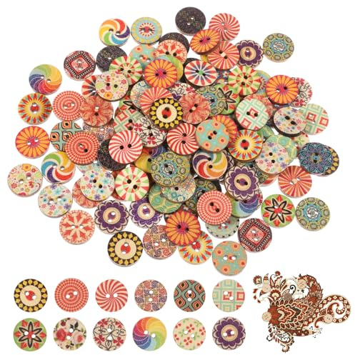 LIQWEI 200 Pcs Mixed Vintage Wooden Buttons, Colorful Sewing Buttons Flower with 2 Holes, 15mm Craft Button Round Decorative Button for DIY Sewing Craft Decorative Handmade