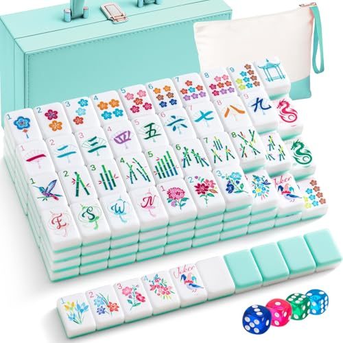 Soulchen 1.2 Inch Acrylic Green American Mahjong Set 168 Blossom Numbered Tiles, Tiles Bag and Portable Travel Case Classic Complete Mahjong Set for Adult Collection Gift